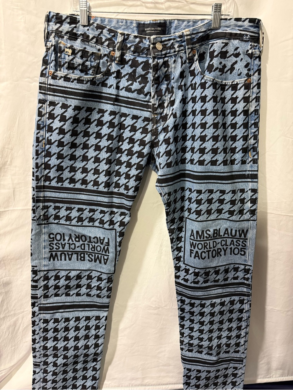 Scotch & Soda Black on Light Blue Houndstooth Graphic Jeans